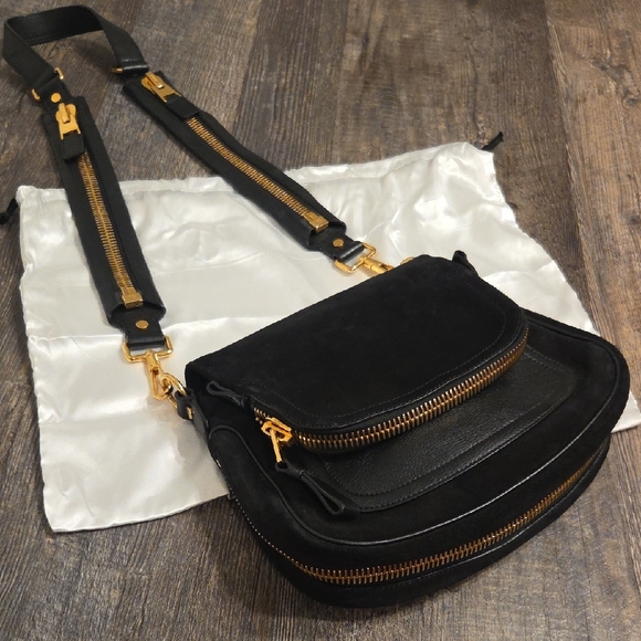 Tom Ford Handbags - Tom Ford Suede Jennifer Expandable Black Gold Leather Crossbody Bag